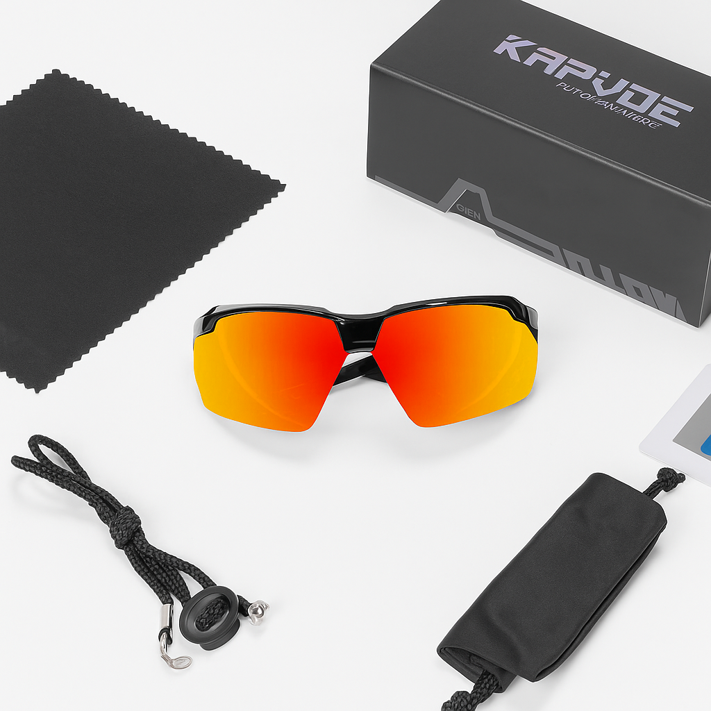 Sunglasses with red lenses, black frame, lanyard, cleaning cloth, and branded box on a white background.