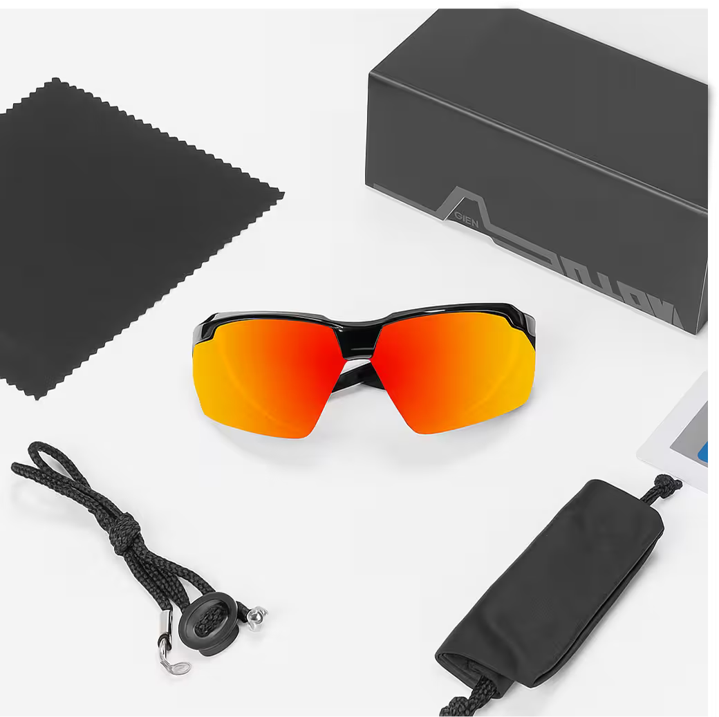 Sunglasses with red lenses, case, cleaning cloth, and box on a white background
