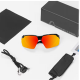 Sunglasses with red lenses, case, cleaning cloth, and box on a white background