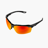Sunglasses with black frame and orange-red lenses on a white background