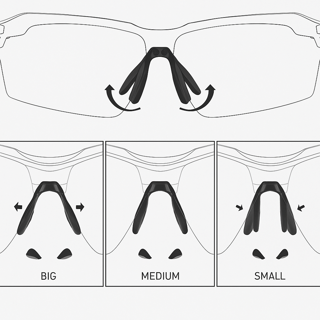 Illustration showing different sizes of eyewear brackets labeled 'Big', 'Medium', and 'Small'.