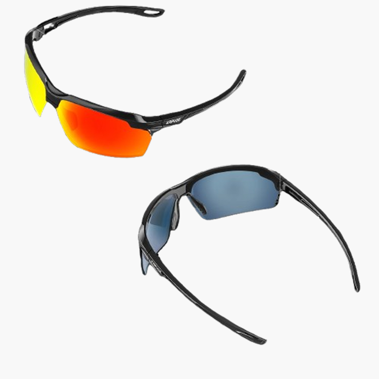 Two pairs of sunglasses with different colored lenses on a white background