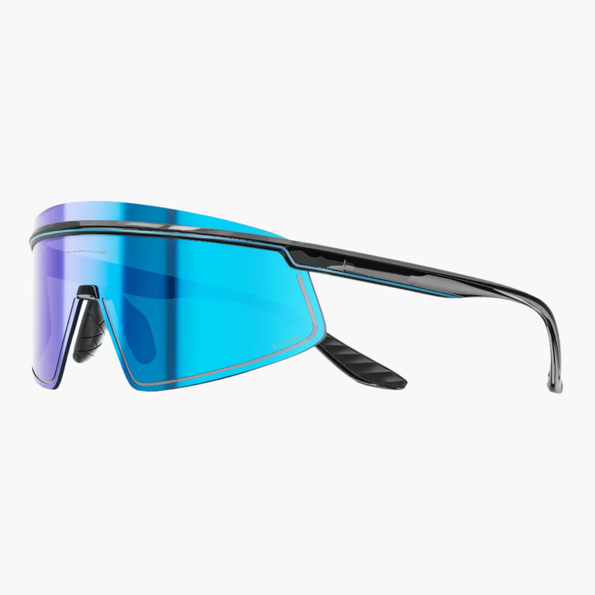 Sunglasses with blue reflective lenses and black frames on a white background