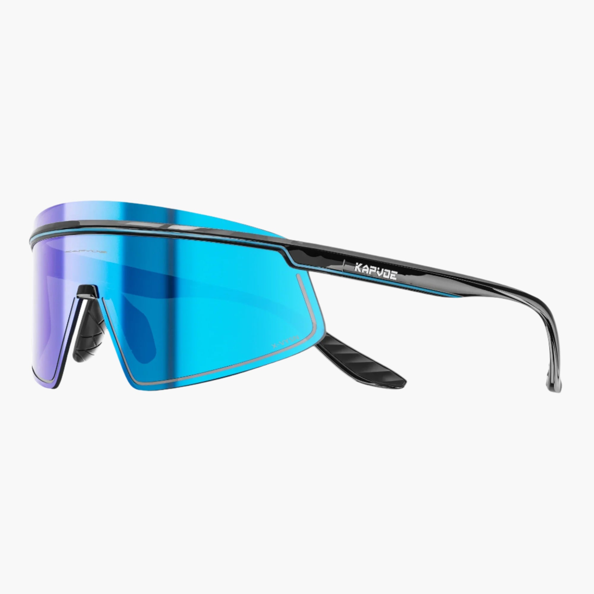Sunglasses with blue reflective lenses and black frame on a white background, featuring the UNBOUND brand.