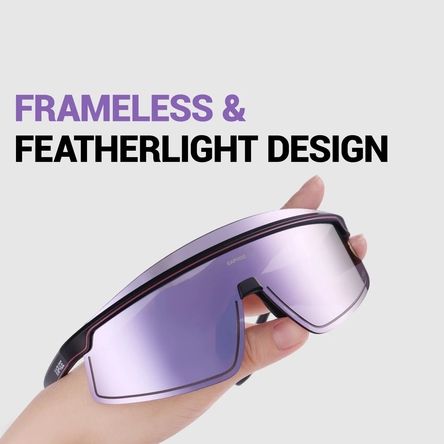 Purple sunglasses held by a hand with text 'FRAMELESS & FEATHERLIGHT DESIGN' on a light gray background