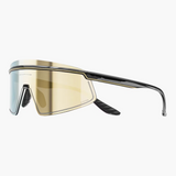Sunglasses with gold reflective lenses and black frames on a white background