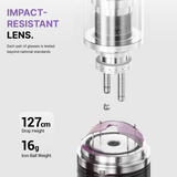 Glass lens impact resistance test with text on a white background