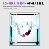 Advertisement for glasses with a seawater test graphic and text about lens lifespan and resistance.