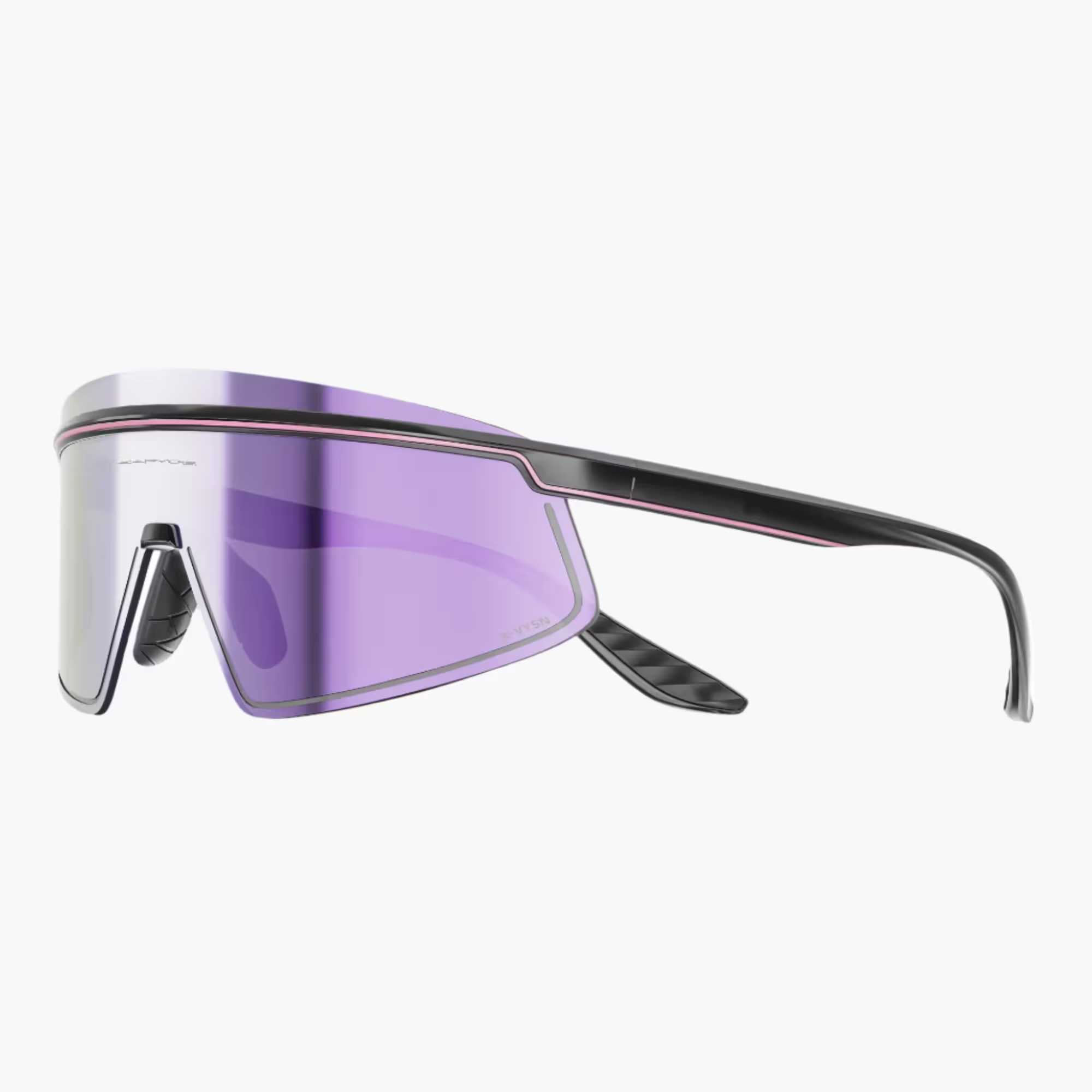 Sunglasses with purple lens and black frame on a white background