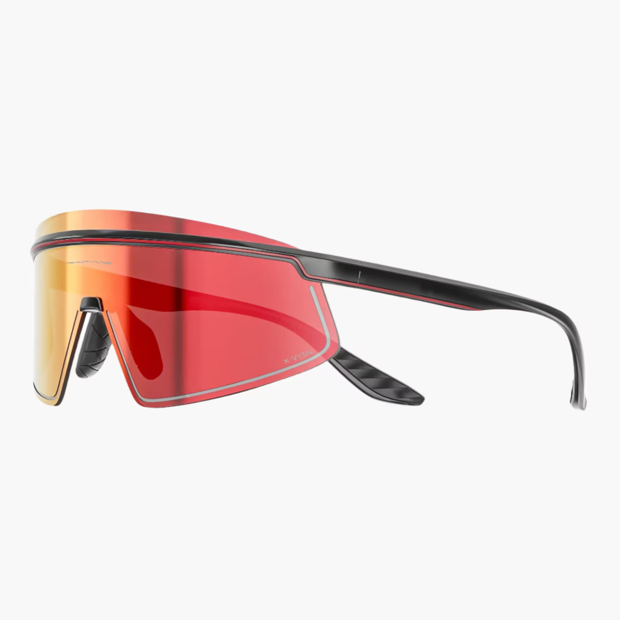 Sunglasses with red reflective lenses and black frame on a white background