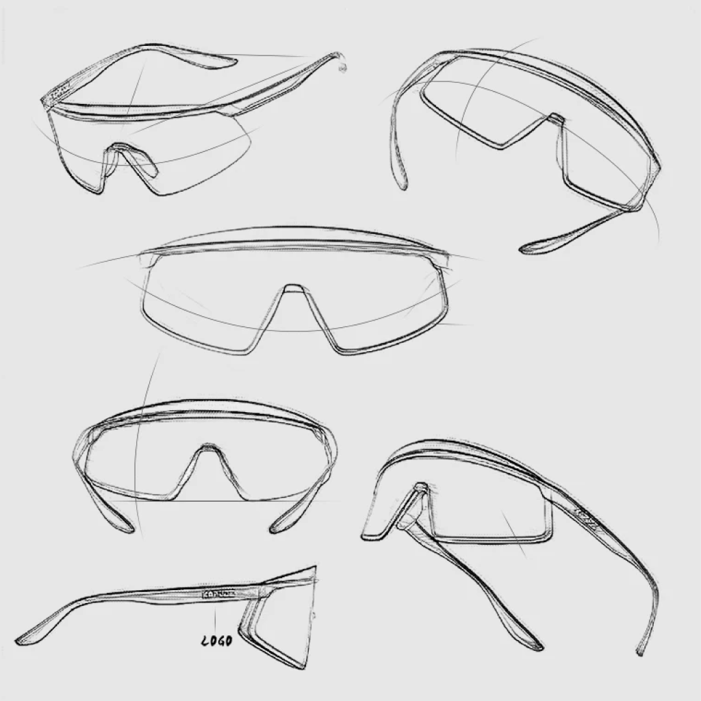 Set of line drawings of various eyewear designs on a white background