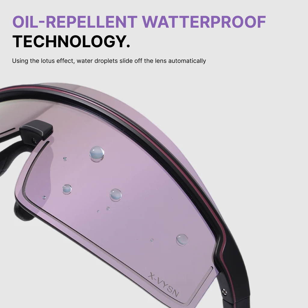 Goggles with oil-repellent waterproof technology feature on a light gray background