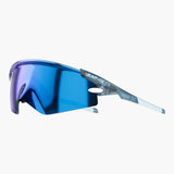 Blue sunglasses with a reflective lens on a white background, featuring the UNBOUND brand.