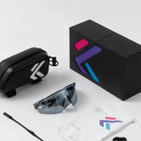 Sunglasses with case and packaging on a white background
