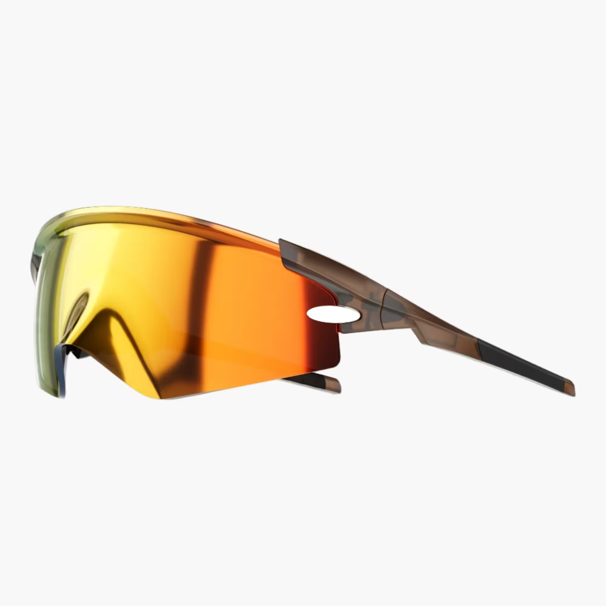 Sunglasses with orange-tinted lenses on a white background