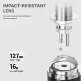 Impact-resistant lens test with glass breaking under iron ball weight on a white background