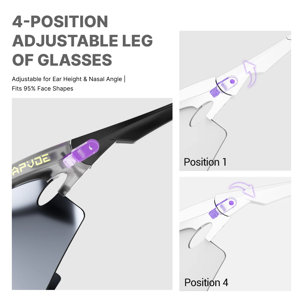 Glasses with adjustable leg feature and brand name on a gray background