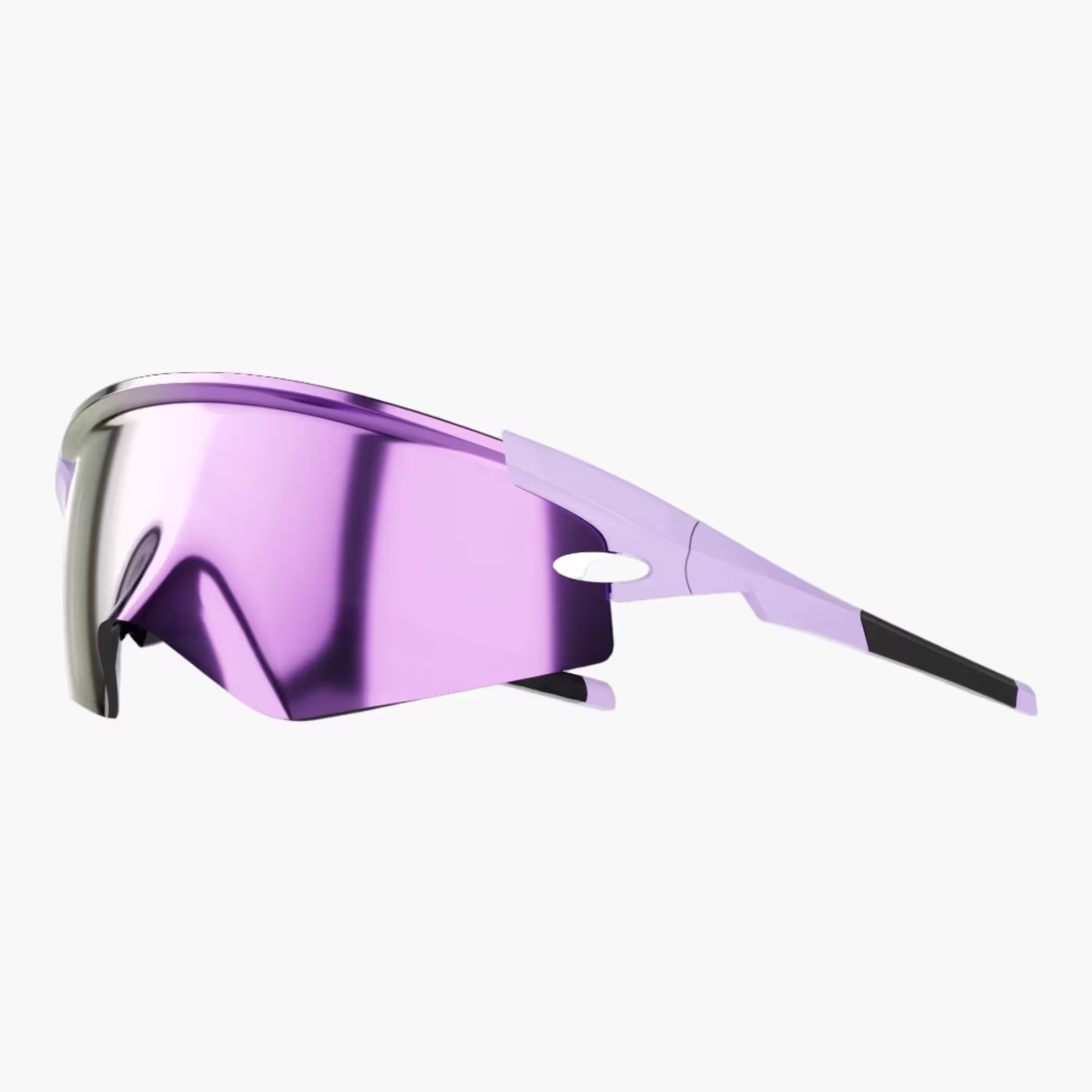 Sunglasses with purple reflective lens on a white background