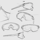 Technical drawing of safety goggles from multiple angles on a white background