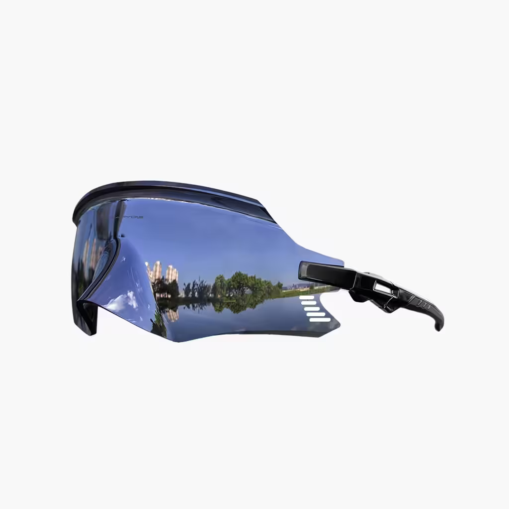 Sunglasses with reflective blue lens on a white background