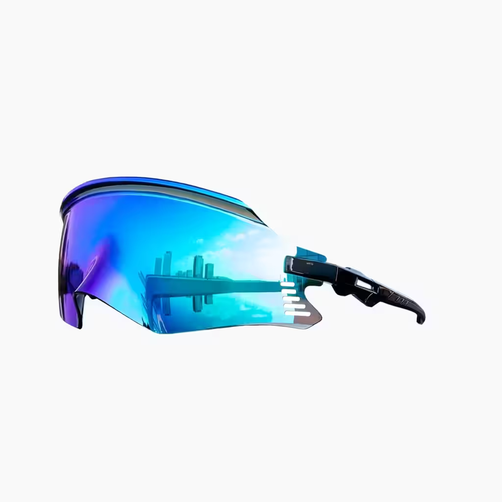 Sunglasses with blue and purple gradient lens on a white background