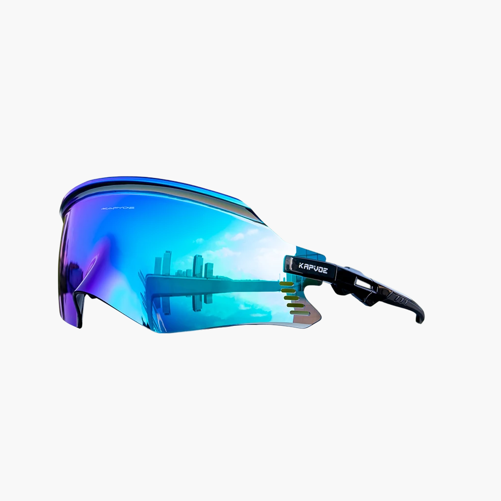 Blue and purple sunglasses with a brand logo on a white background