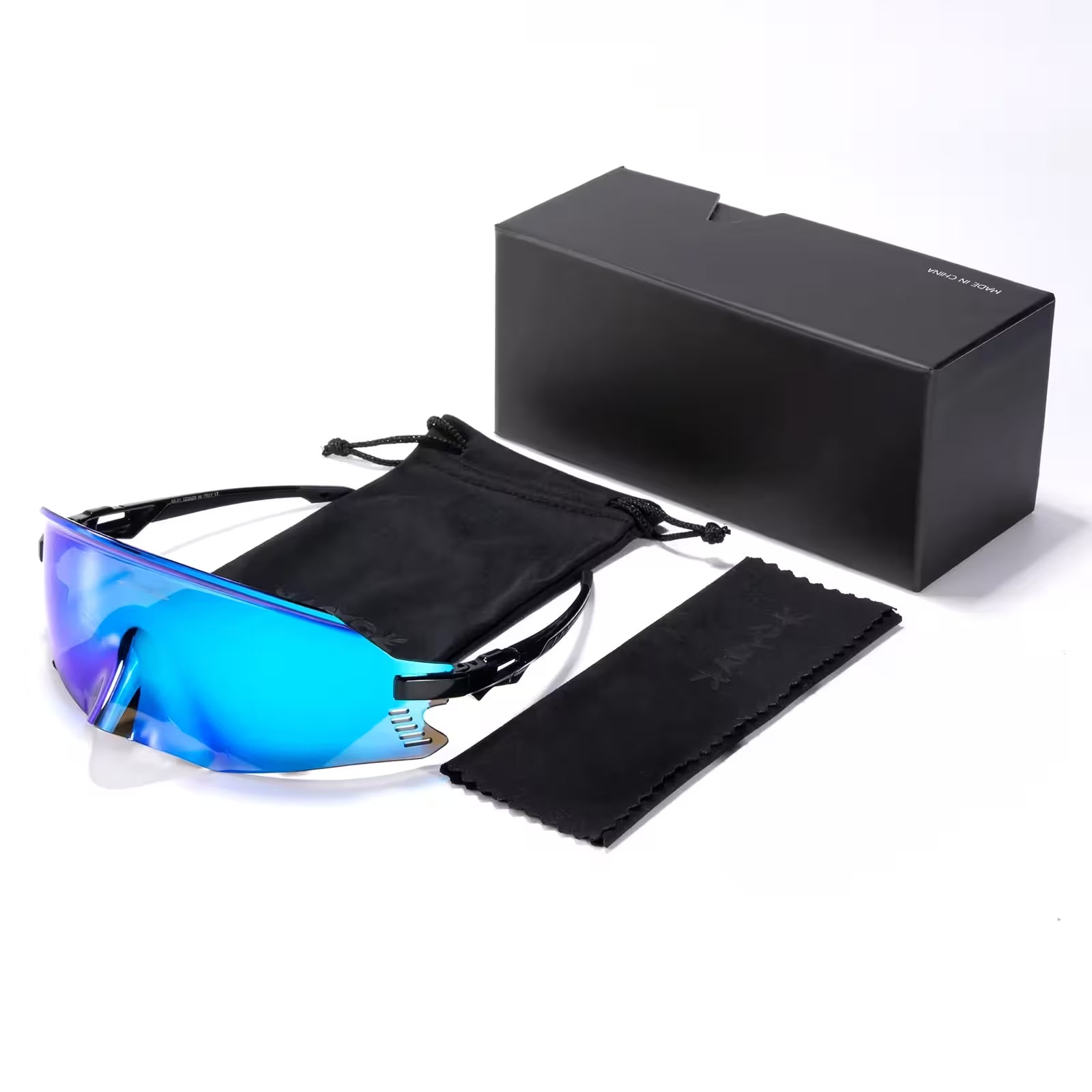 Blue-tinted sunglasses with black case and pouch on a white background