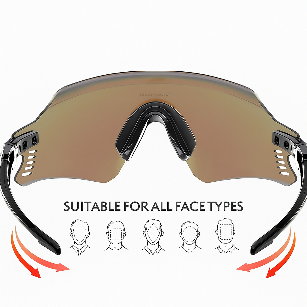 Sunglasses with a tan lens and black frame, suitable for all face types, on a white background.