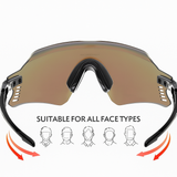 Sunglasses with a tan lens and black frame, suitable for all face types, on a white background.