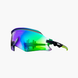 Multicolored sunglasses with a reflective lens on a white background