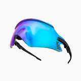Sunglasses with a blue and purple lens on a white background