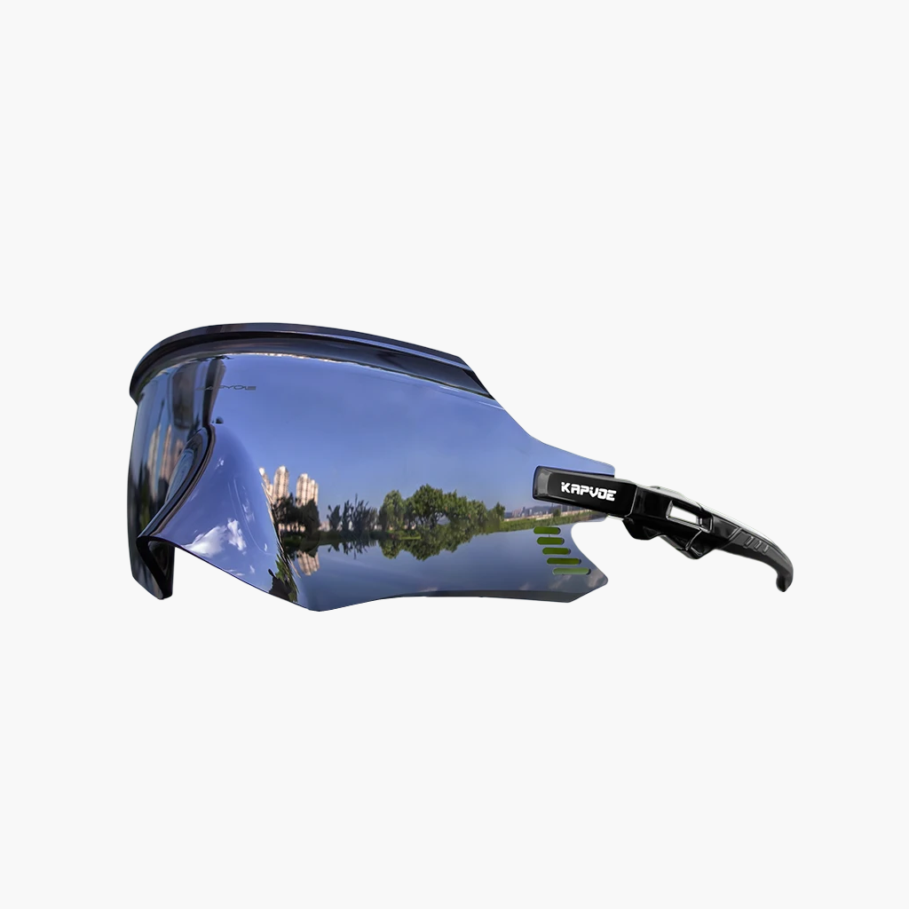 Sunglasses with reflective lens on a white background