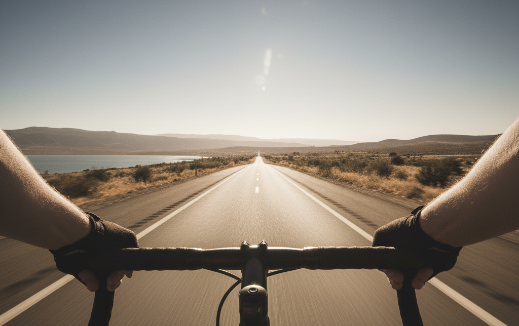 Bicycle handlebars with a road stretching into the distance under a clear sky.