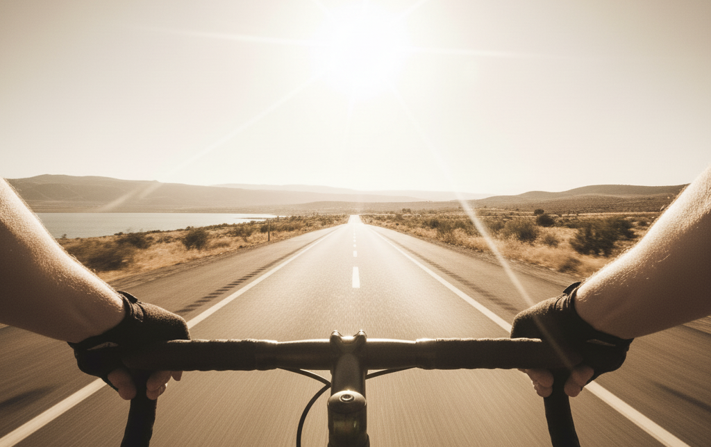Person riding a bicycle on a desert road with a scenic view.