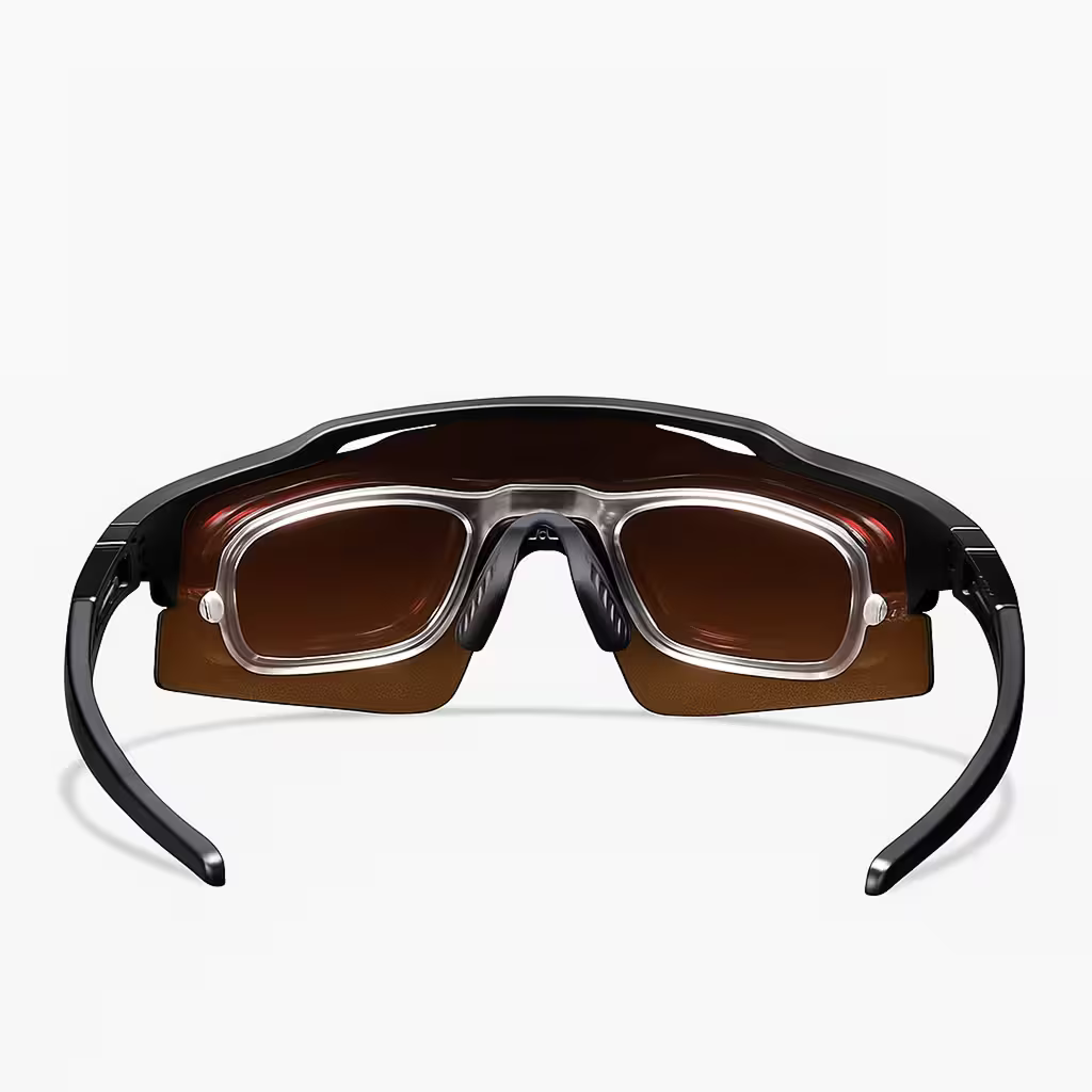 Sunglasses with black frame and brown lenses on a white background