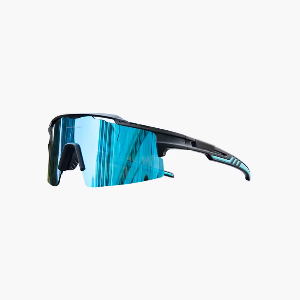 Sunglasses with blue reflective lenses on a white background