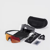 Sunglasses with interchangeable lenses and accessories on a white background