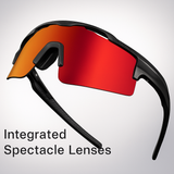 Sunglasses with red lenses and black frame on a light gray background