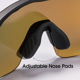 Close-up of sunglasses with adjustable nose pads on a light gray background