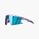 Sunglasses with blue reflective lenses and purple frames on a white background