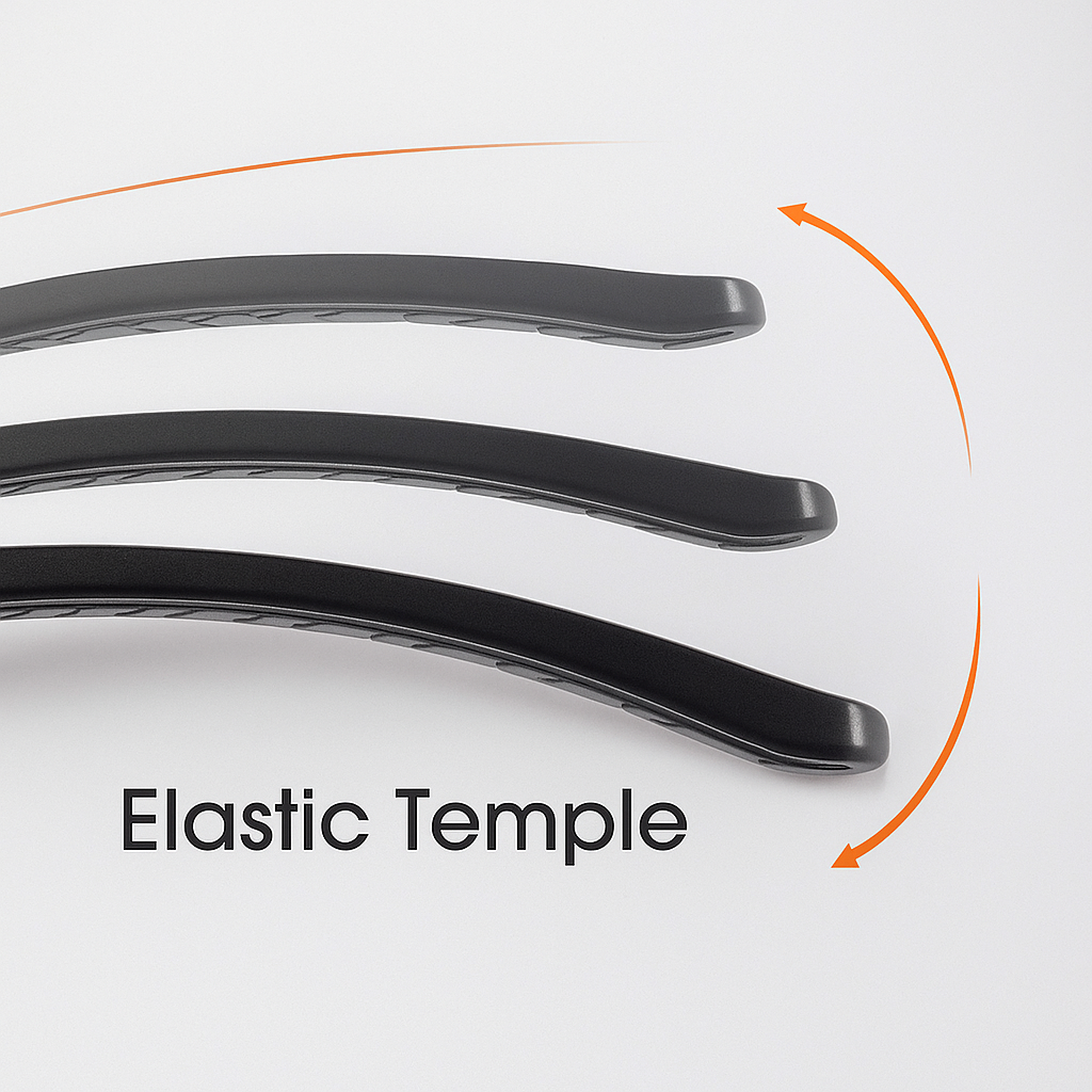 Elastic temple of a pair of sunglasses on a light gray background with 'Elastic Temple' text.