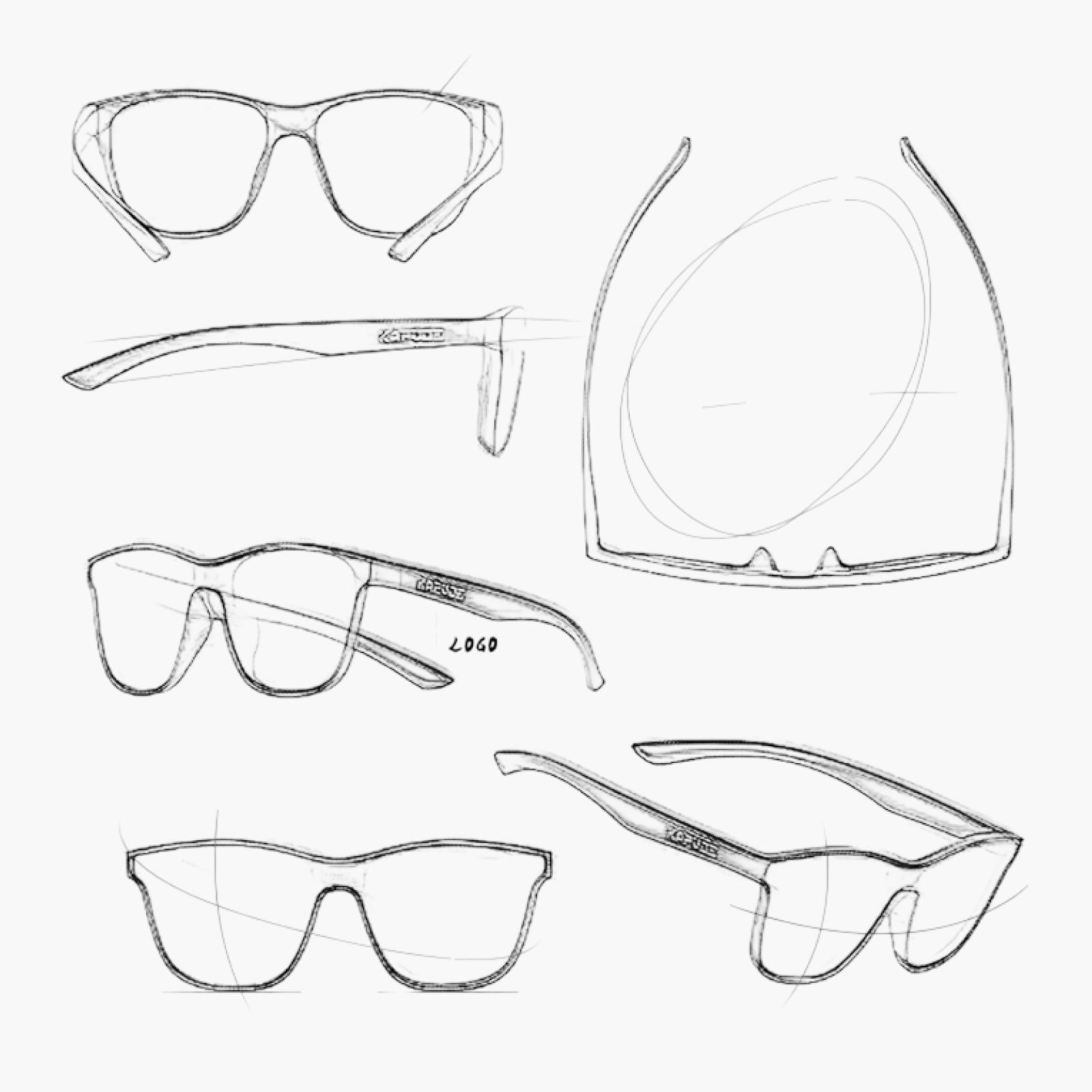 Line drawings of various sunglasses on a white background