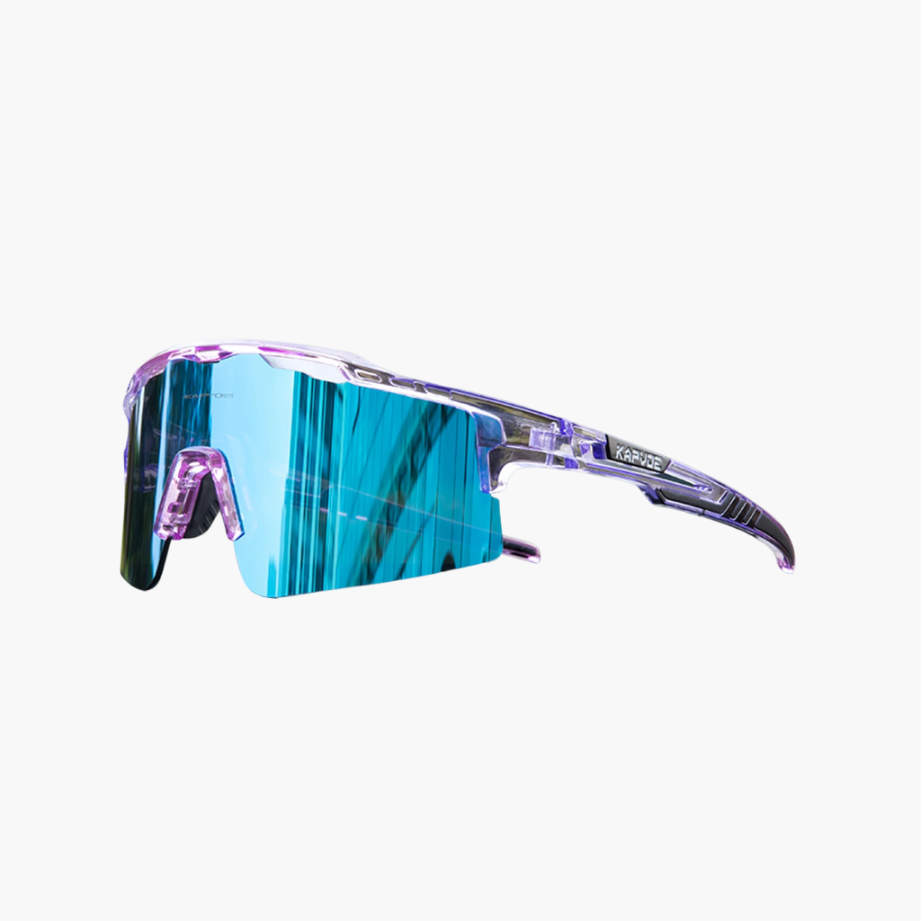 Sunglasses with blue lenses and pink accents on a white background