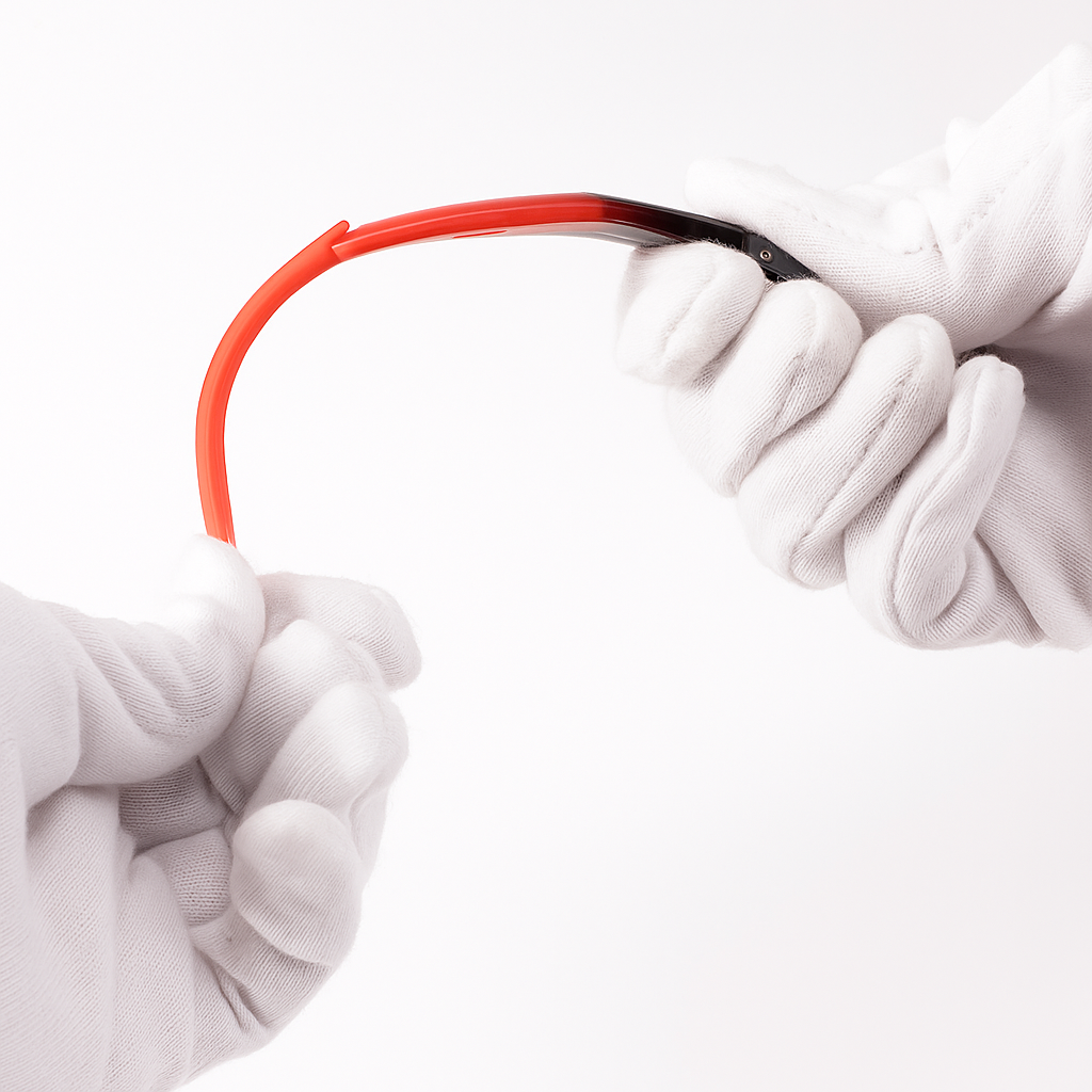hands banding a sunglasses frame in a white background