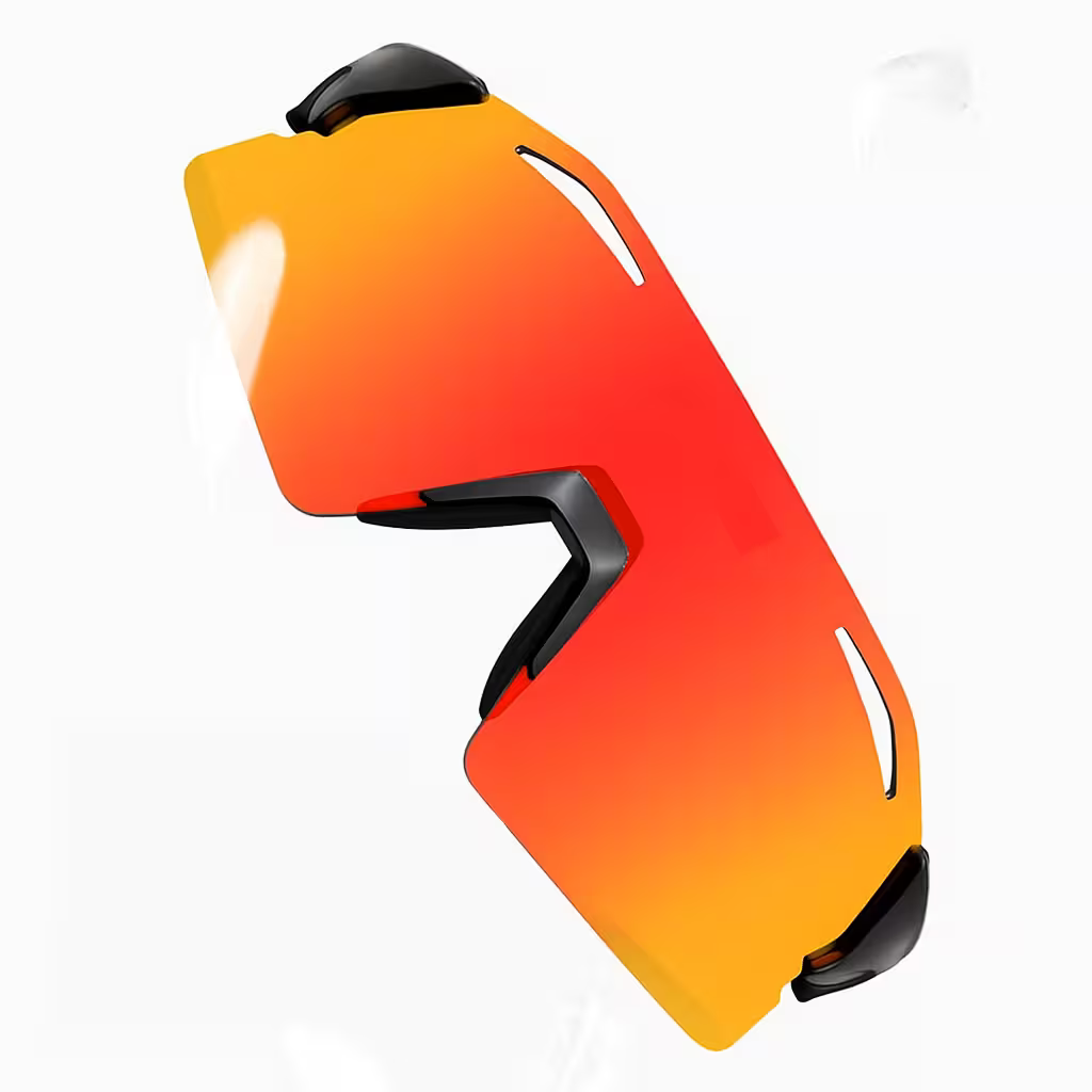 Orange and yellow gradient helmet with black accents on a white background