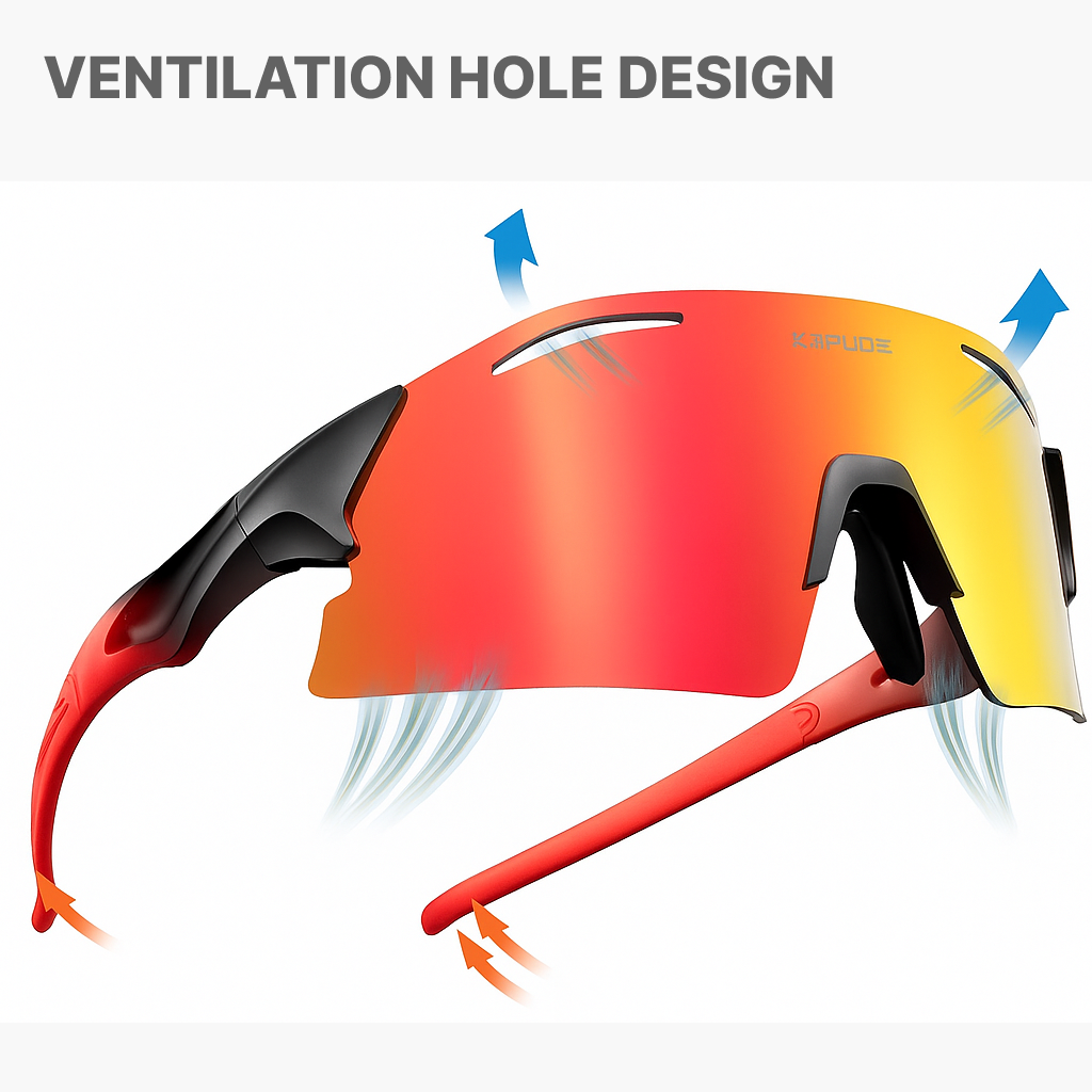 sport sunglasses with arrows indication ventilation in a white background