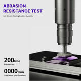 Abrasion resistance test with a drill bit and sample on a white background