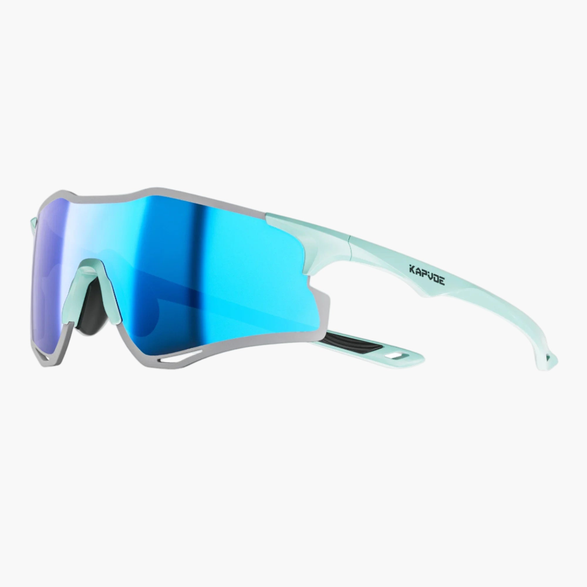 Sunglasses with blue reflective lenses and light frame on a white background, featuring the UNBOUND brand.