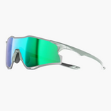 Sunglasses with green reflective lenses on a white background