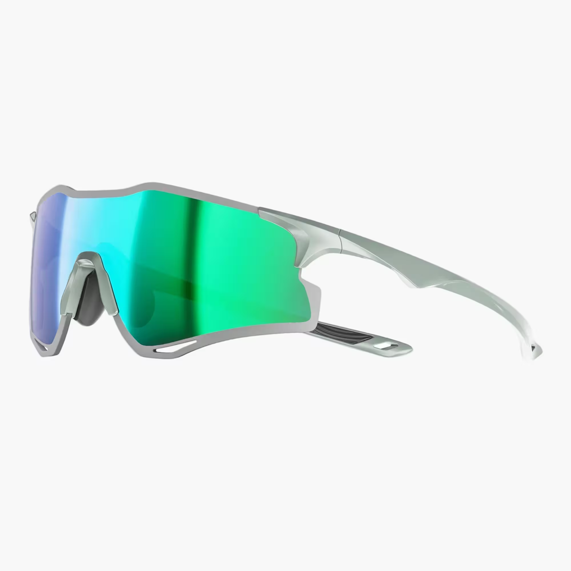 Sunglasses with green reflective lenses on a white background